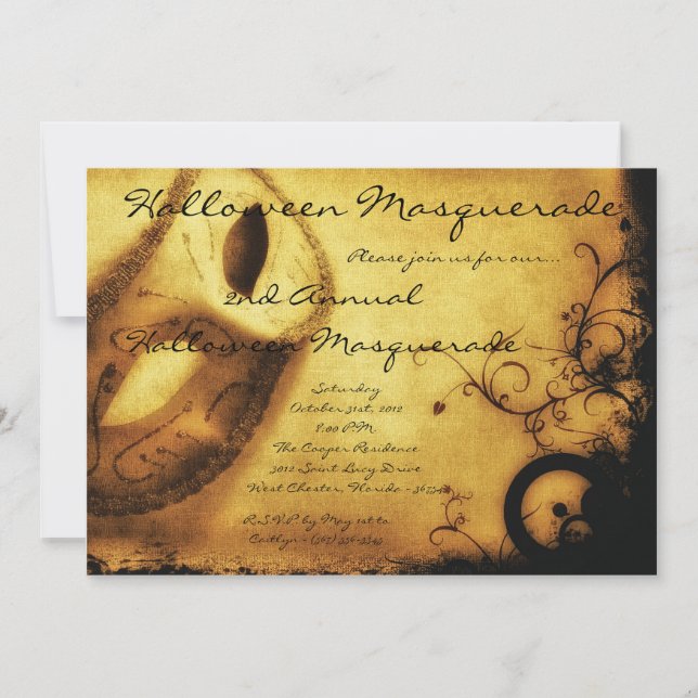 5x7 Gold Masquerade Halloween Costume Invitation (Front)