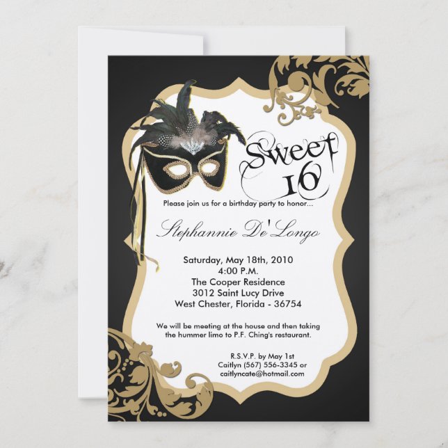 5x7 Gold Masquerade Mask 16 Birthday Invitation (Front)