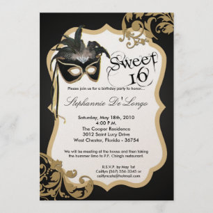 5x7 Gold Masquerade Mask 16 Birthday Invitation