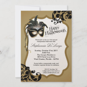 5x7 Gold Masquerade Mask Halloween Invitation