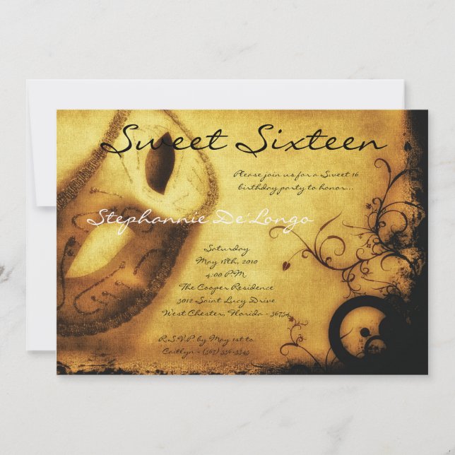 5x7 Gold Masquerade Sweet 16 Birthday Invitation (Front)