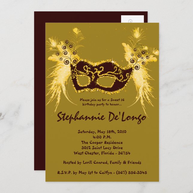 5x7 Gold Masquerade Sweet 16 Birthday Invitation (Front/Back)