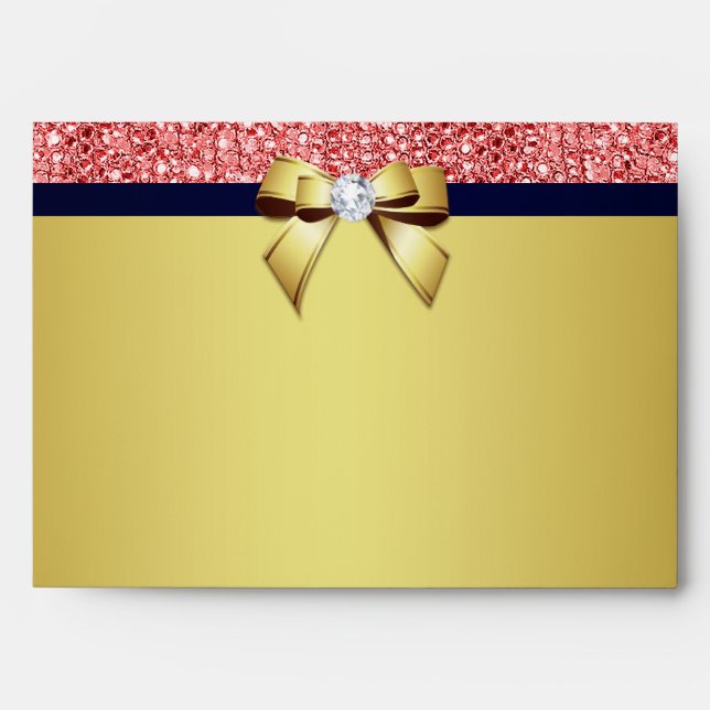 5x7 Gold Navy Diamond Bow Coral Sequins Envelope (Front)