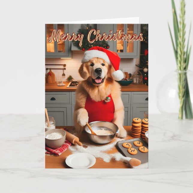 5x7 Golden Retriever Baking Christmas Cookies Holiday Card (Front)