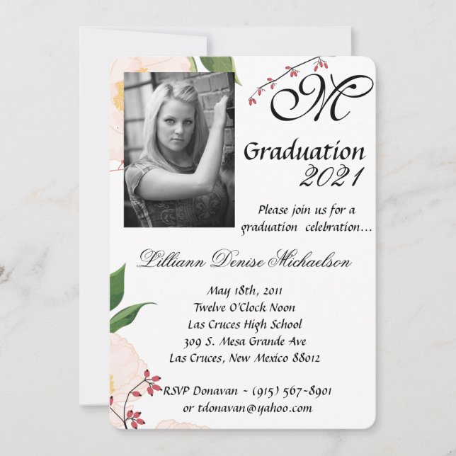 5x7 Graduation Part Invitation Baby Pink Cosmos on (Front)