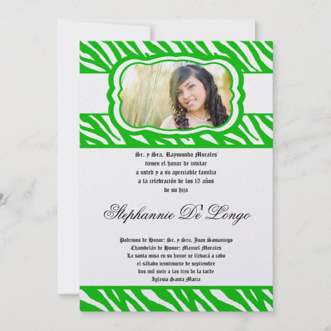 5x7 Gree Zebra Print Patter Quinceanera Invitation (Front)