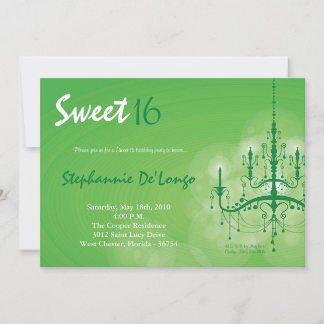 5x7 Green Chandelier Sweet 16 Birthday Invitation (Front)