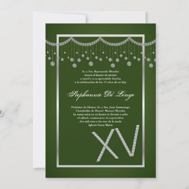 5x7 Green Diamond Quinceanera Birthday Invitation (Front)