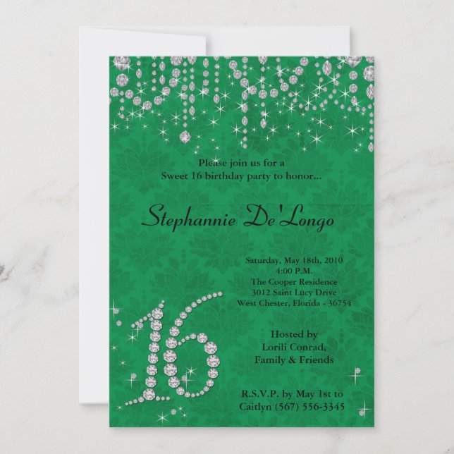 5x7 Green Diamond Sweet 16 Birthday Invitation (Front)