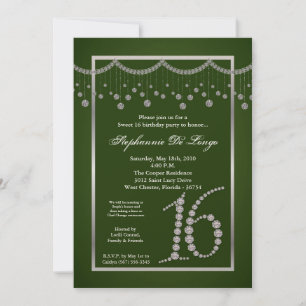 5x7 Green Diamond Sweet 16 Birthday Invitation