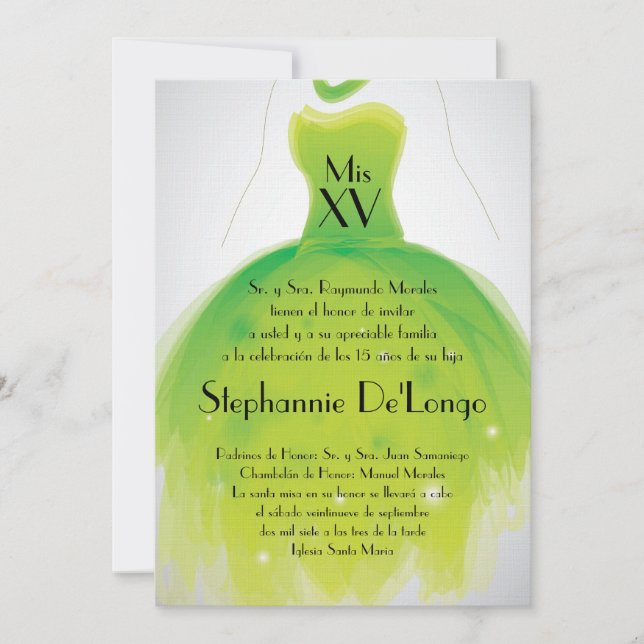 5x7 Green Dress Quinceanera Birthday Invitation (Front)