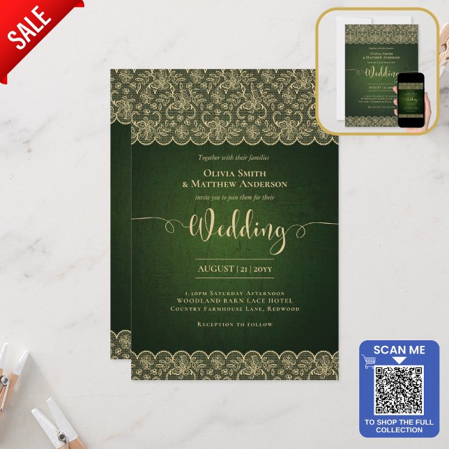 5x7 Green Gold Lace Wedding Print or DOWNLOAD Invitation (Creator Uploaded)