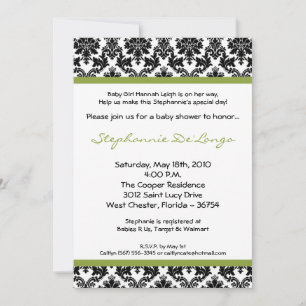 5x7 Green Lime Black Damask Baby Shower Invitation