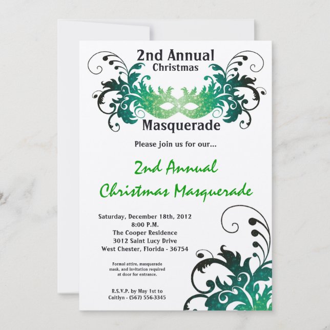 5x7 Green Masquerade Christmas XMAS Invitation (Front)