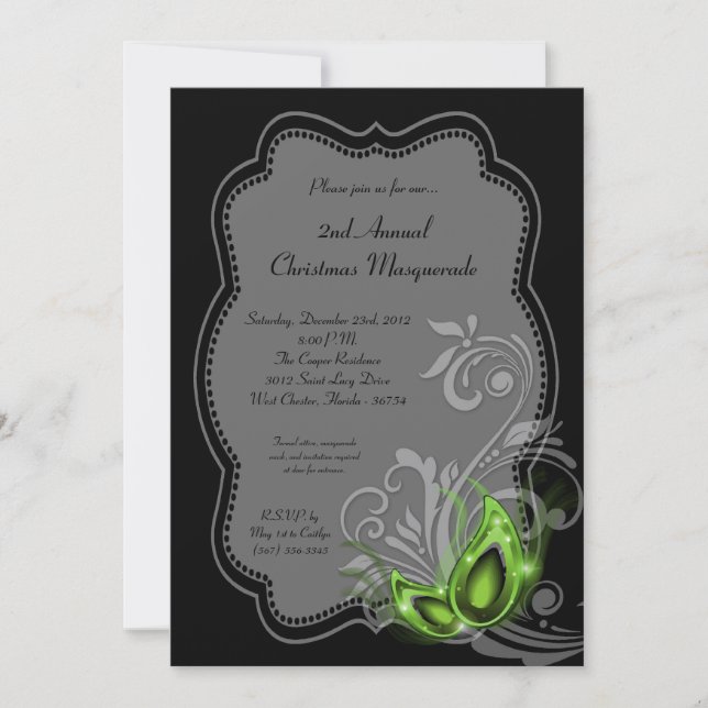 5x7 Green Masquerade Christmas XMAS Invitation (Front)