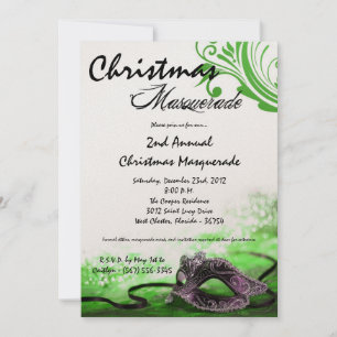5x7 Green Masquerade Christmas XMAS Invitation