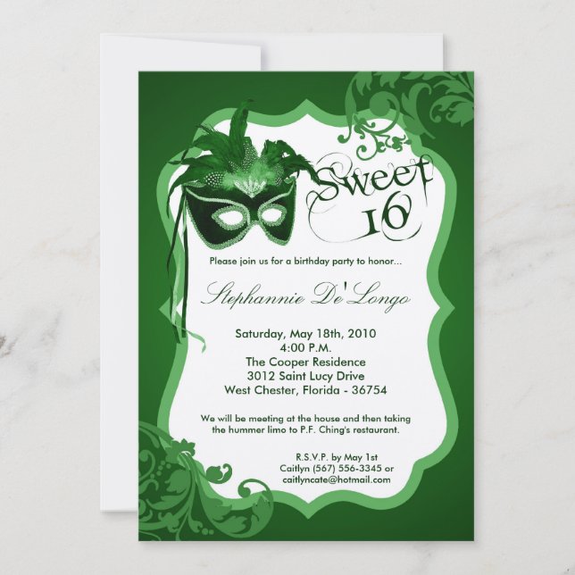 5x7 Green Masquerade Mask 16 Birthday Invitation (Front)