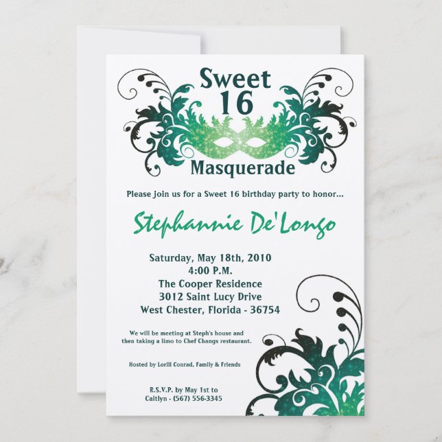 5x7 Green Masquerade Sweet 16 Birthday Invitation (Front)