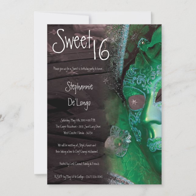 5x7 Green Masquerade Sweet 16 Birthday Invitation (Front)