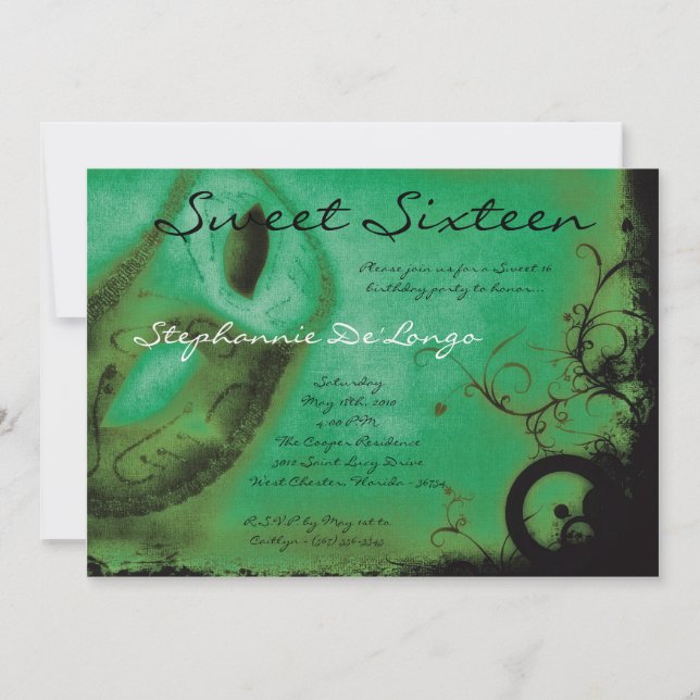 5x7 Green Masquerade Sweet 16 Birthday Invitation (Front)
