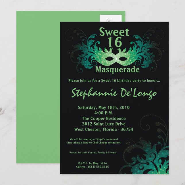 5x7 Green Masquerade Sweet 16 Birthday Invitation (Front/Back)
