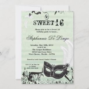 5x7 Green Masquerade Sweet 16 Birthday Invitation