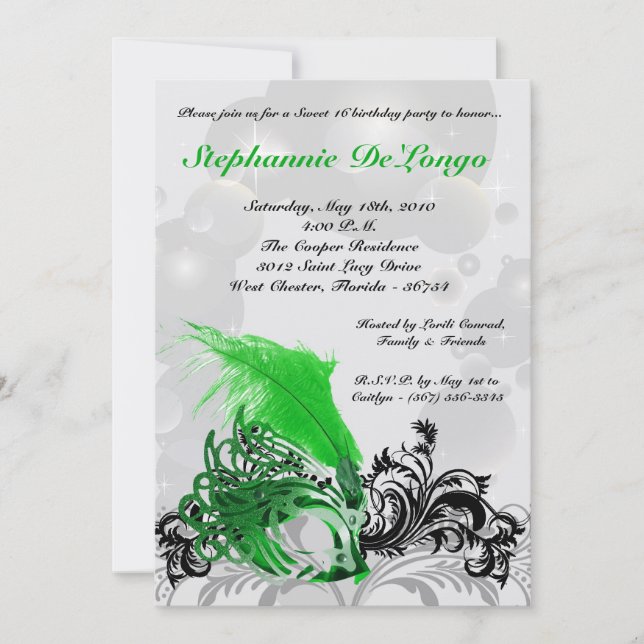 5x7 Green Masquerade Sweet 16 Birthday Invitation (Front)