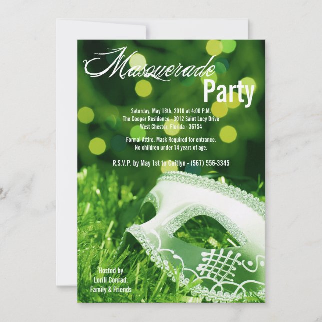 5x7 Green Masquerade Sweet 16 Birthday Invitation (Front)