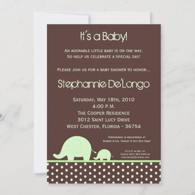 5x7 Green Neut Mod Elephant Baby Shower Invitation (Front)