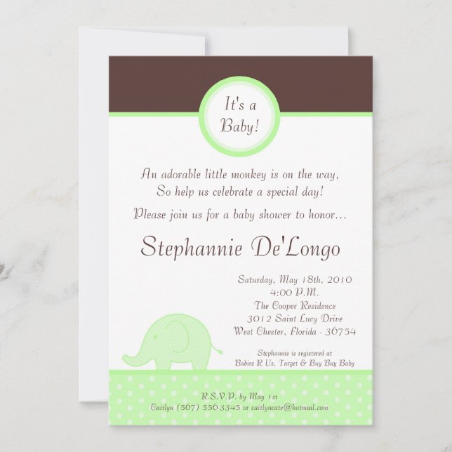 5x7 Green Neut Mod Elephant Baby Shower Invitation (Front)