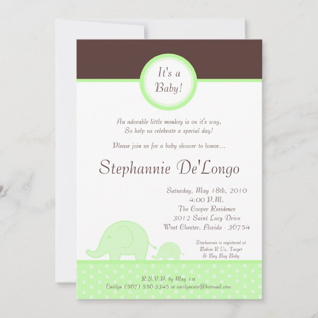 5x7 Green Neut Mod Elephant Baby Shower Invitation (Front)