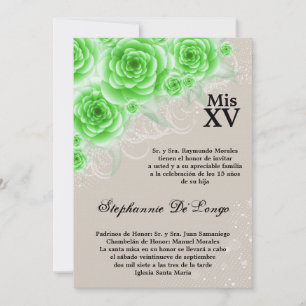 5x7 Green Roses Quinceanera Birthday Invitation