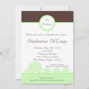 5x7 Green Triplets Elephant Baby Shower Invitation