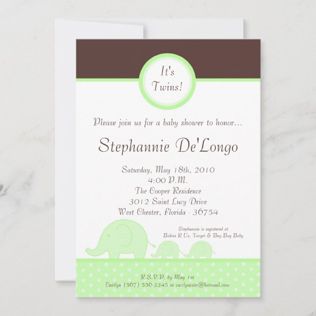 5x7 Green Twin Mod Elephant Baby Shower Invitation (Front)