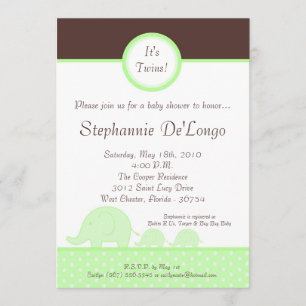 5x7 Green Twin Mod Elephant Baby Shower Invitation