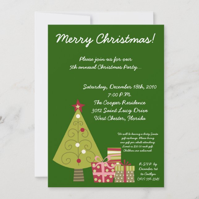 5x7 Green XMAS Tree Christmas Party Invitation (Front)