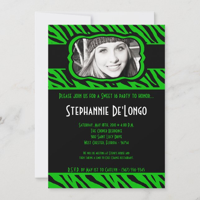 5x7 Green Zebra PHOTO Sweet 16 Birthday Invitation (Front)