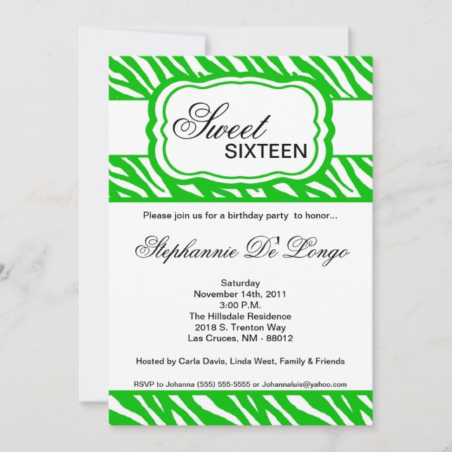 5x7 Green Zebra Print Birthday Party Invitation (Front)