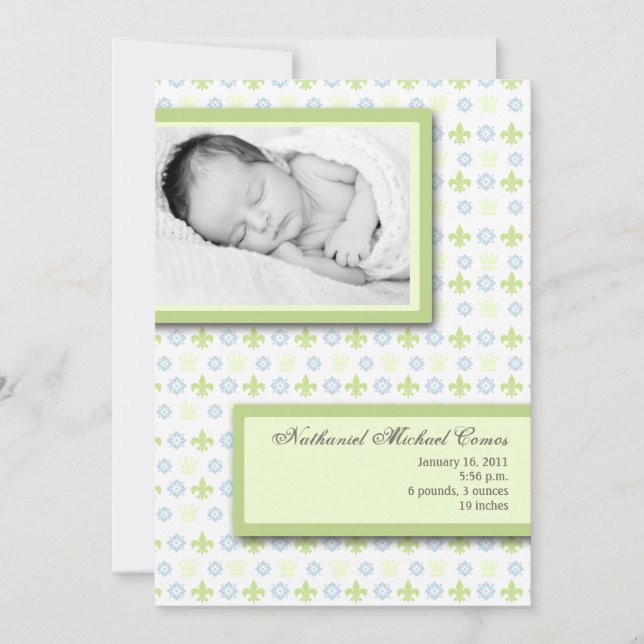 5x7 GreenBlue Fleur De Li Photo Birth Announcement (Front)