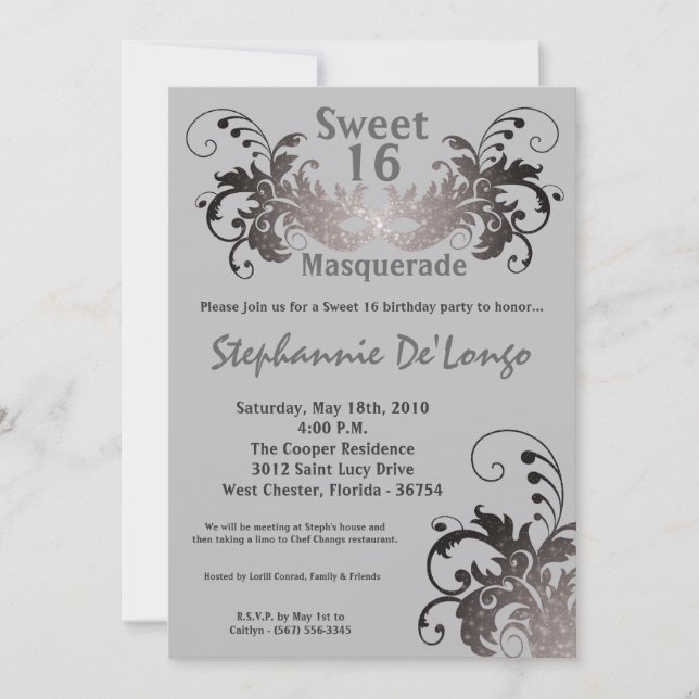 5x7 Grey Masquerade Sweet 16 Birthday Invitation (Front)