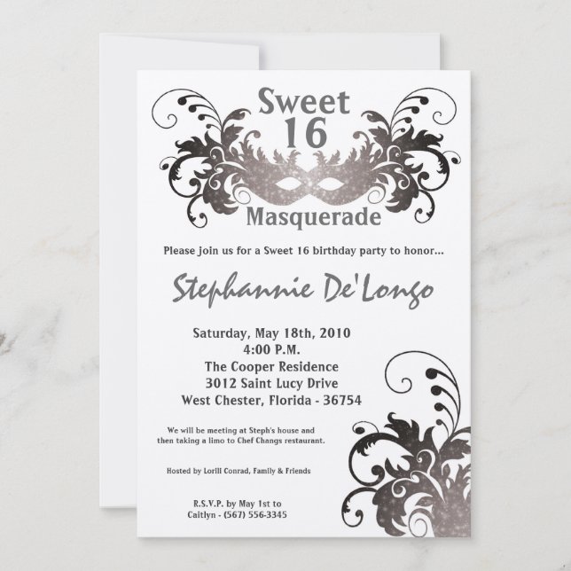 5x7 Grey Masquerade Sweet 16 Birthday Invitation (Front)