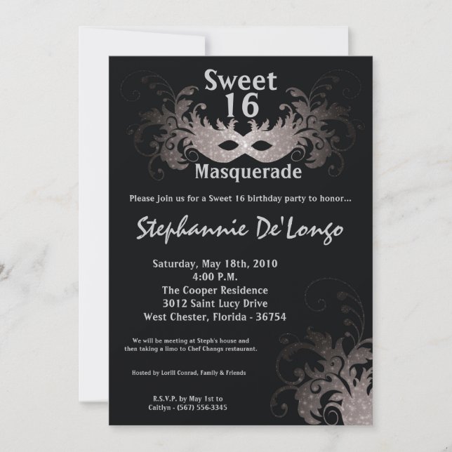 5x7 Grey Masquerade Sweet 16 Birthday Invitation (Front)