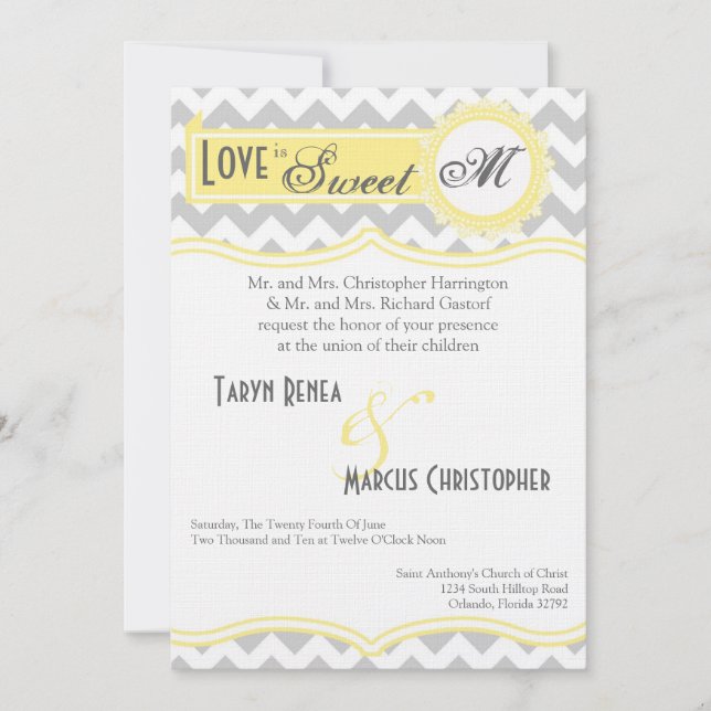 5x7 Grey Yellow Chevron Stripe Wedding Invitation (Front)