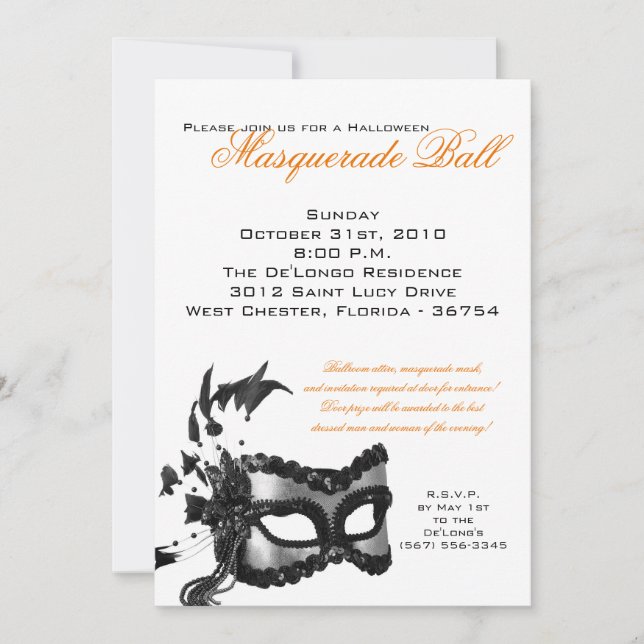 5x7 Halloween Masquerade Ball Mask Invitation (Front)