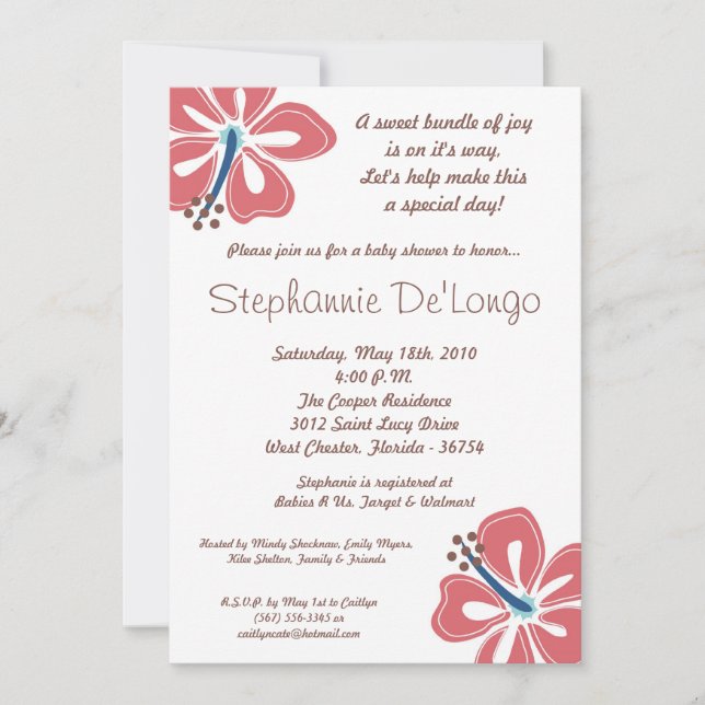 5x7 Hawaiian HibiscusFlower Baby Shower Invitation (Front)