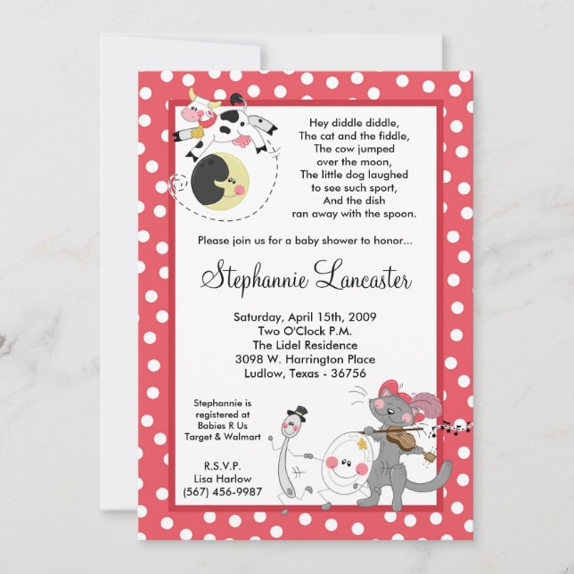5x7 Hey Diddle Didd Nursery Baby Shower Invitation (Front)