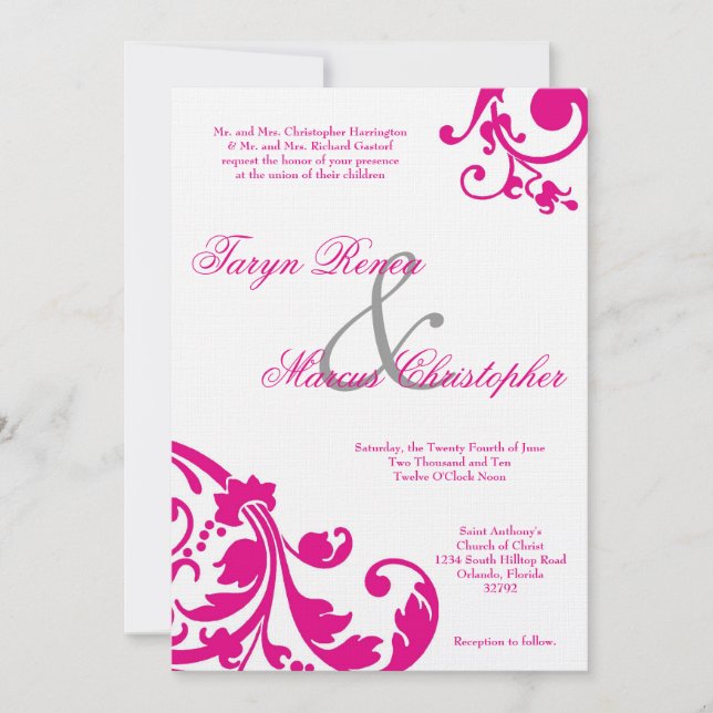 5x7 Hot Pink Black Floral Linen Wedding Invitation (Front)