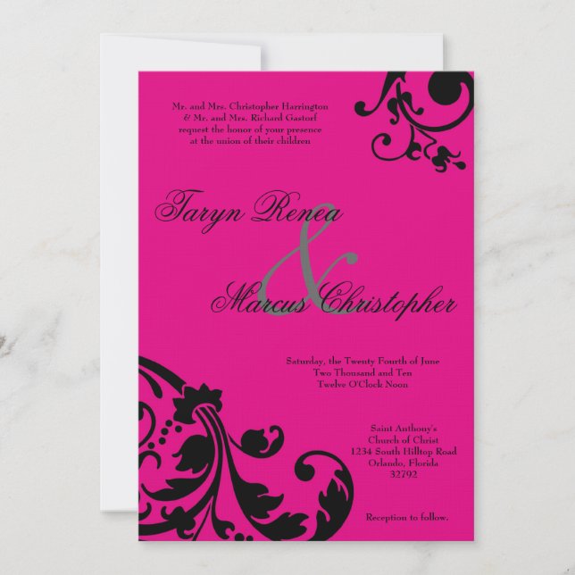5x7 Hot Pink Black Floral Linen Wedding Invitation (Front)