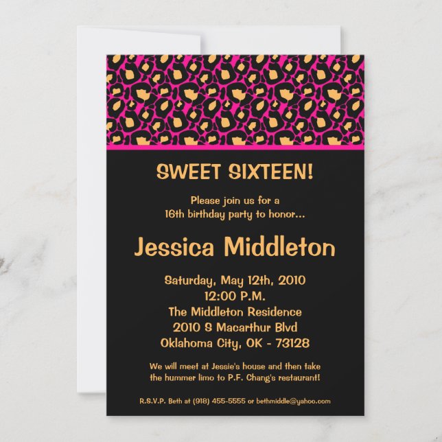 5x7 Hot Pink Cheetah 16th Birthday Invitation (Front)