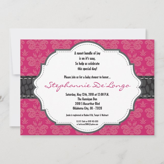 5x7 Hot Pink Damask Cheetah Baby Shower Invitation (Front)